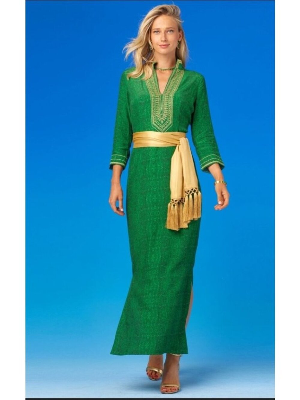 NicoBlu Green Gold Embroidered Kaftan Maxi Dress size 6 Resort Vacation New